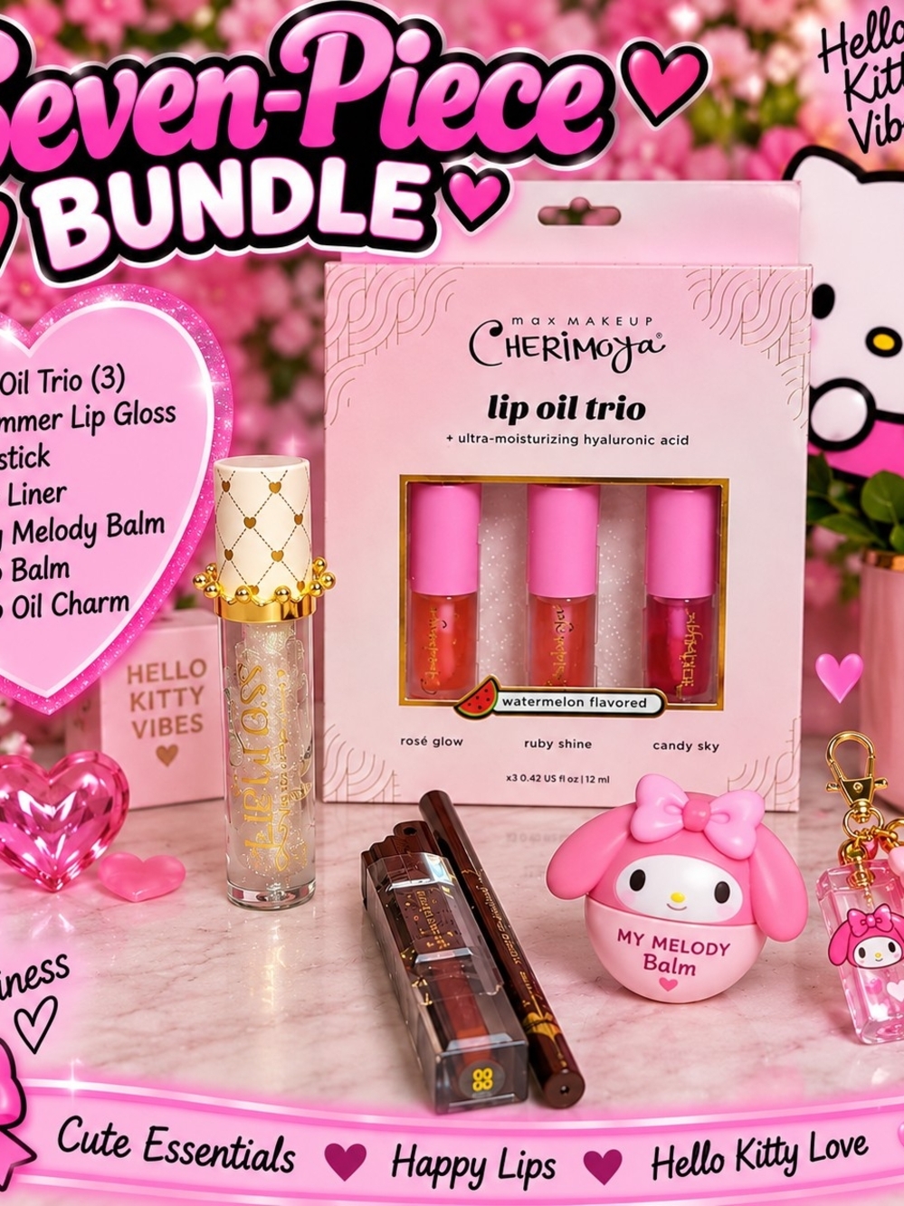 7 Peice Bundle Lip Oil Trio - Pink (Watermelon Flavored)